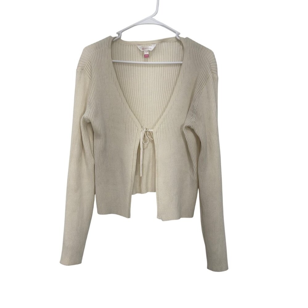No Boundaries Womens Cream Ribbed Knit Cardigan Sweater SZ XL Tie Front Stretch - Picture 1 of 9